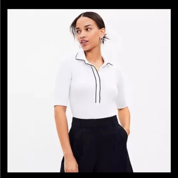 Loft Ribbed Polo Top Small White Black NEW NWT - Picture 1 of 7